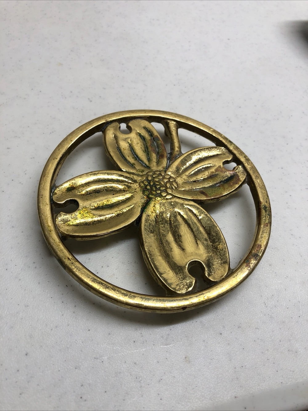 Vintage Virginia Metalcrafters Brass Dogwood Flower Trivet 10-12 Copyright 1950